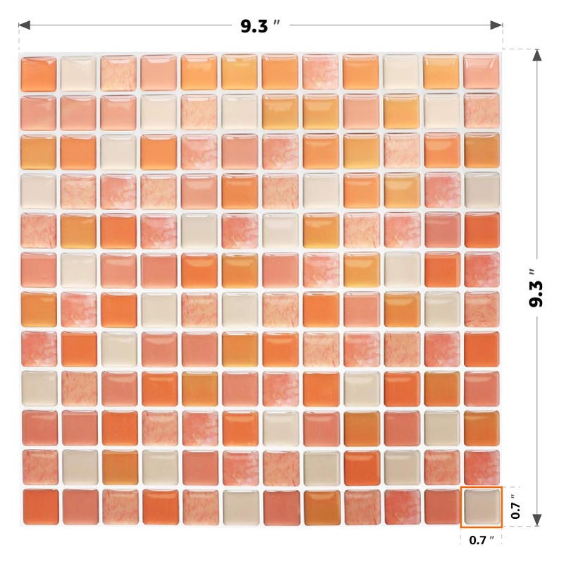 Yoillione 3D Mosaic Tile Sticker Removable Wallpaper Tile Orange, 3D Self Adhesive Wall Tiles Bathroom Wall Tiles for Kitchen Backsplash Orange, PVC Square Decorative Vinyl Decals, 4 Sheets - Image 2